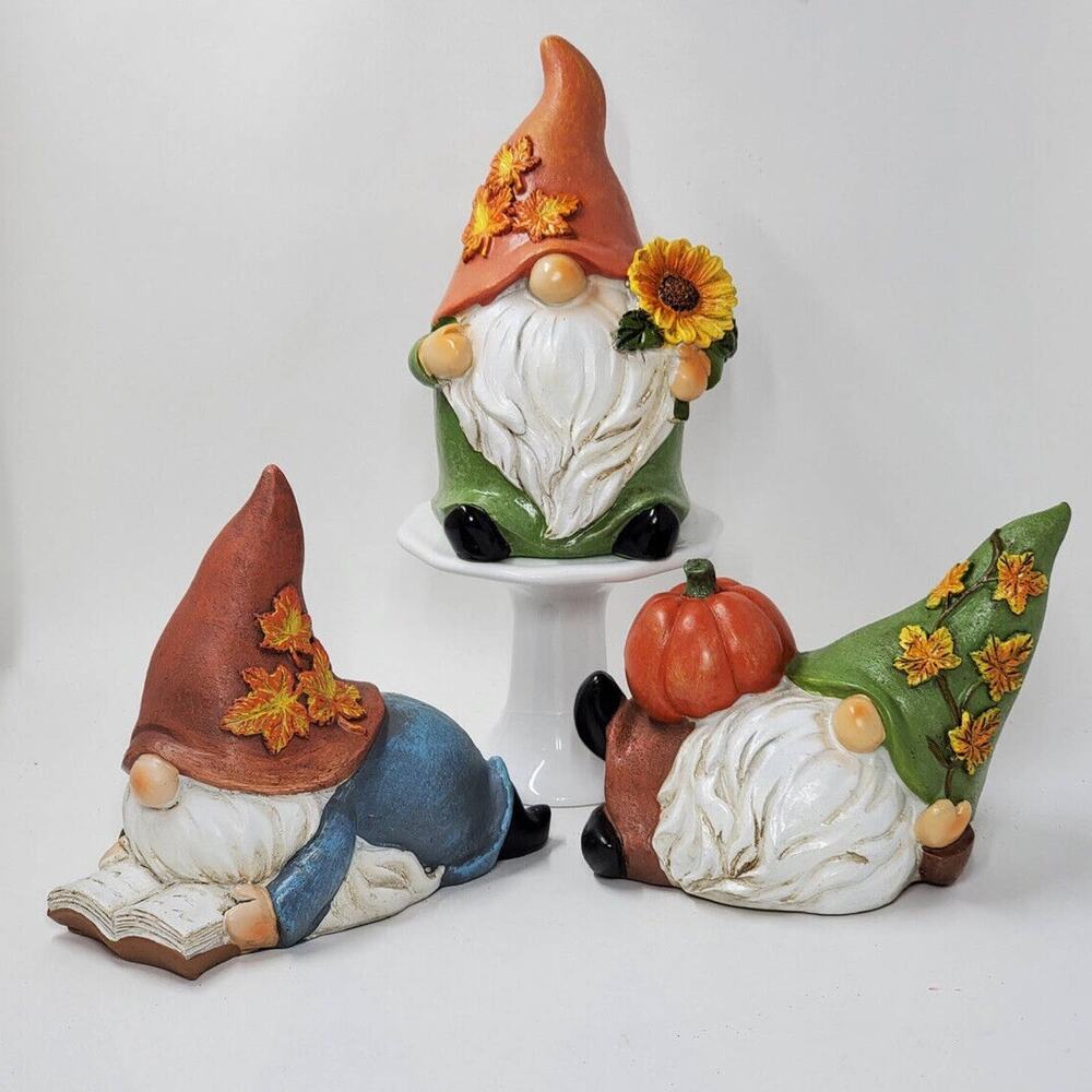 New Set Of 3 Fall Harvest Resin Gnomes With Sunflower Book Pumpkin Leaves